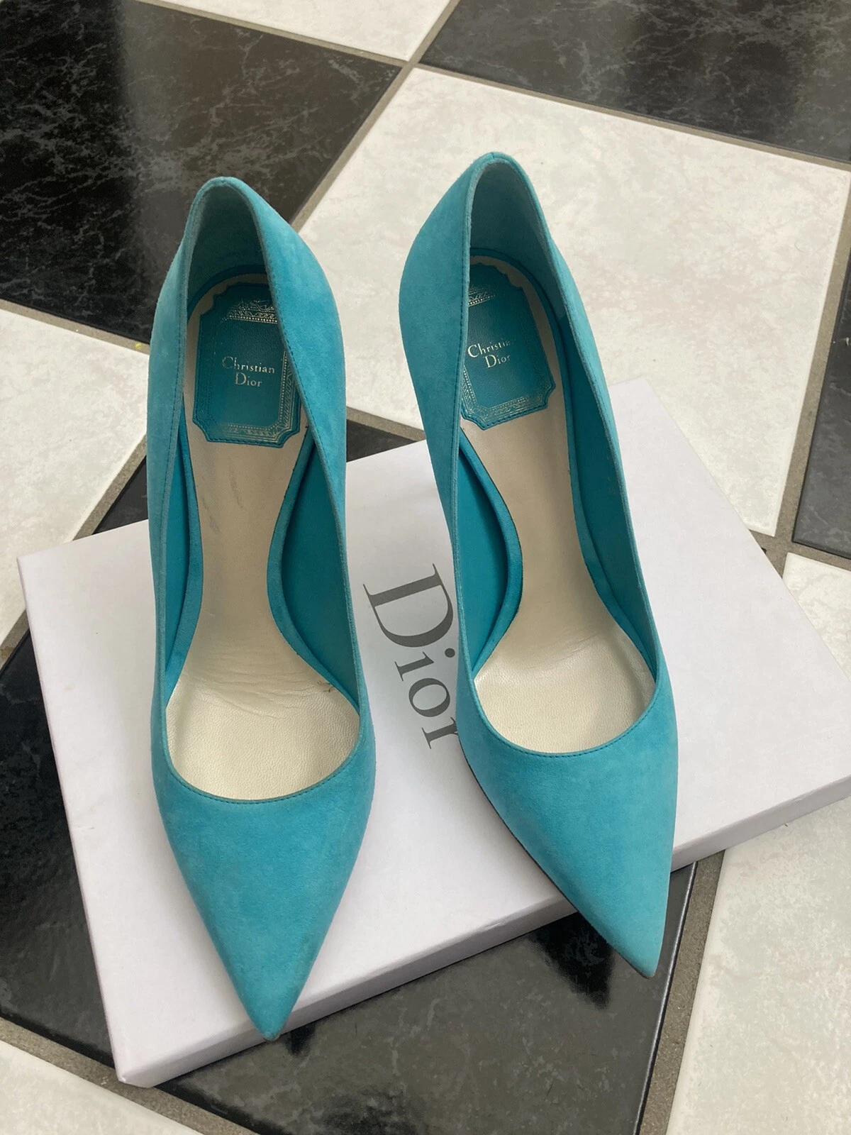 Escarpins pointus en daim turquoise 100 % authentiques Christian Dior Cherie 10 cm taille 38