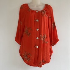 Fig Flower Anthropology Embroidered Top BOHO Peasant Button Red Orange Size M