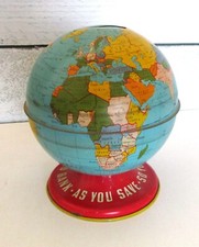 Vintage Ohio Art Tin Litho Metal Globe Piggy Bank As You Save So You Prosper
