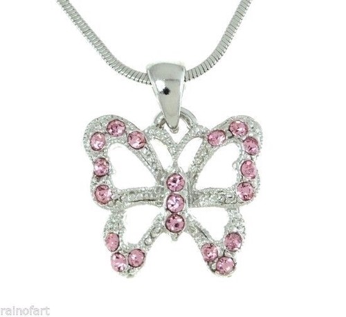 W Swarovski Crystal Butterfly Pink Wings New Necklace Jewelry Pendant 18" Chain - Picture 2 of 3