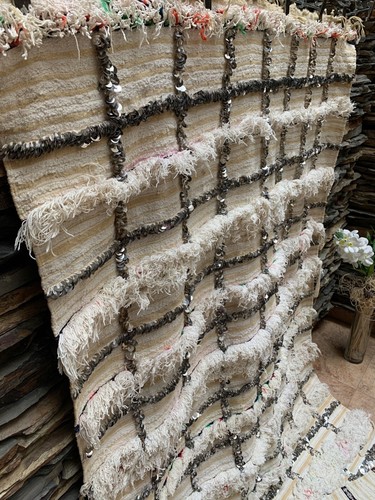 Moroccan Vintage Handira Wedding Blanket Handmade Berber Sequins Rug 03YS00330 - Picture 4 of 12