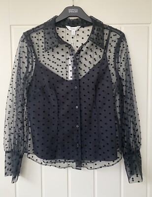 M&S Long Sleeve Blouse Cami Vest Top Black Size 10 Sheer Formal Smart Evening