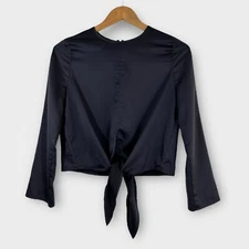 Oak + Fort Women’s Size XS Black Satin Tie Front Long Sleeve Cropped Blouse