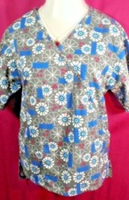 THE SCRUB CO Large Scrub Top Gray Turquoise Print Fashion Medical / Vet NWT