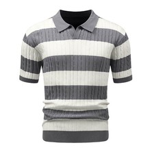 Herren Poloshirt Strick Kurzarm Gestreift Vintage Retro Rippstrick Grau M Sommer