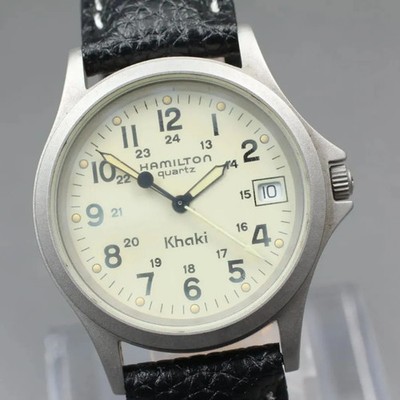 Hamilton Khaki Quartz Watch 9445B White Dial Silver Bezel Leather
