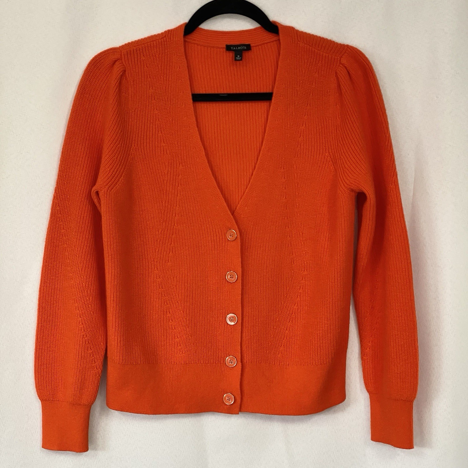 Talbots Ribbed Cardigan Size Med Orange Button Up Sweater Bishop Sleeve V-Neck