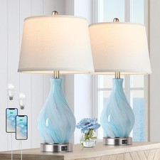 Modern Accent Table Lamp Set of 2 Touch Control, 22" Faded Swirl Blue Gray Art