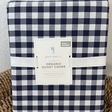 POTTERY BARN KIDS ORGANIC CHECK DUVET COVER FULL/QUEEN NAVY BLUE COTTON PERCALE
