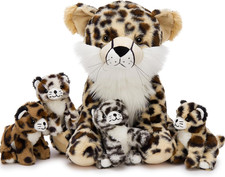 5Pcs Cheetah Stuffed Animal, 14 Inch Cheetah Mommy with 4 Baby, Soft Stuffed Leo