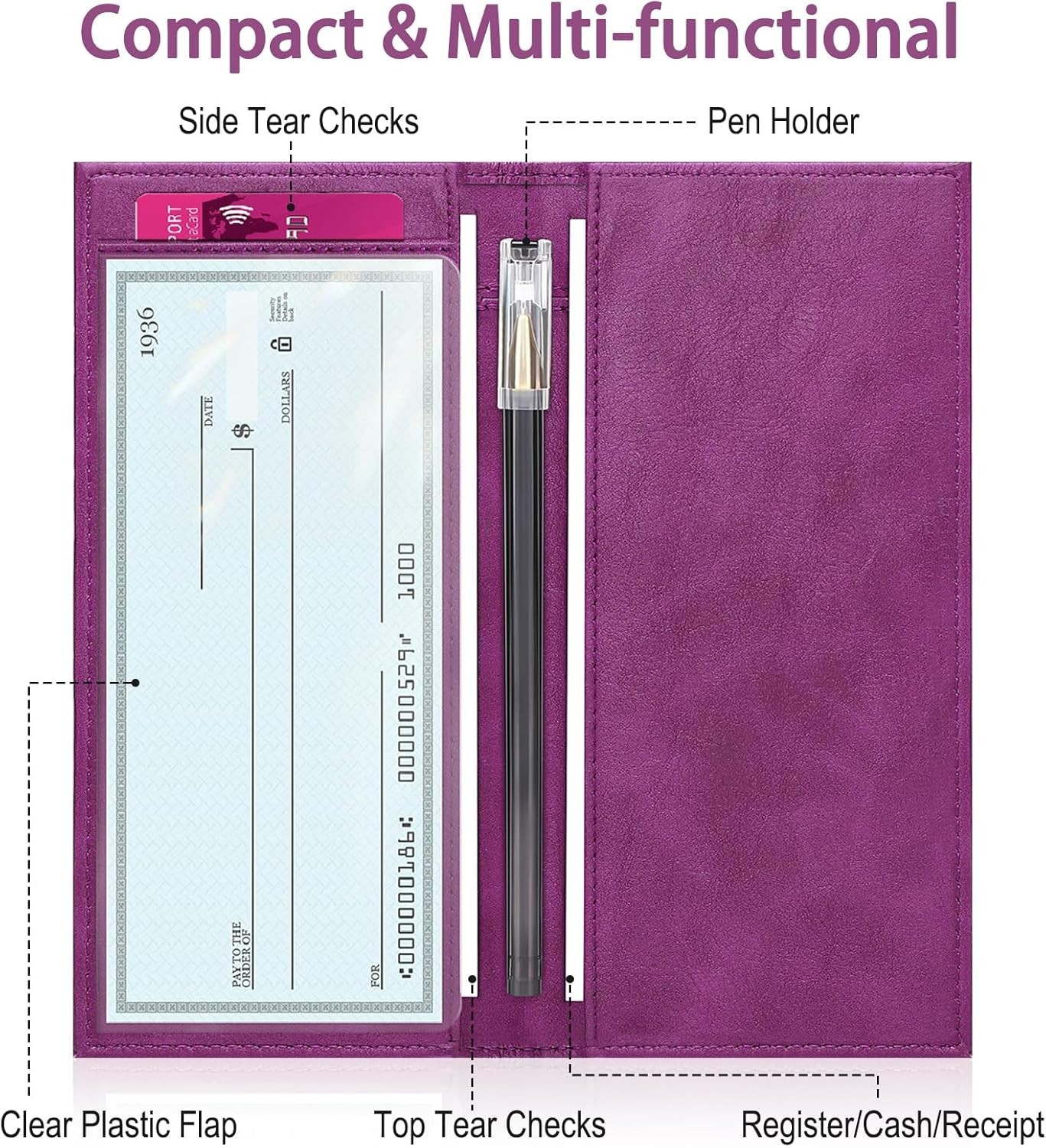 как выглядит Leather Checkbook Cover for Top Side Tear Registers Duplicate Checks Grape фото
