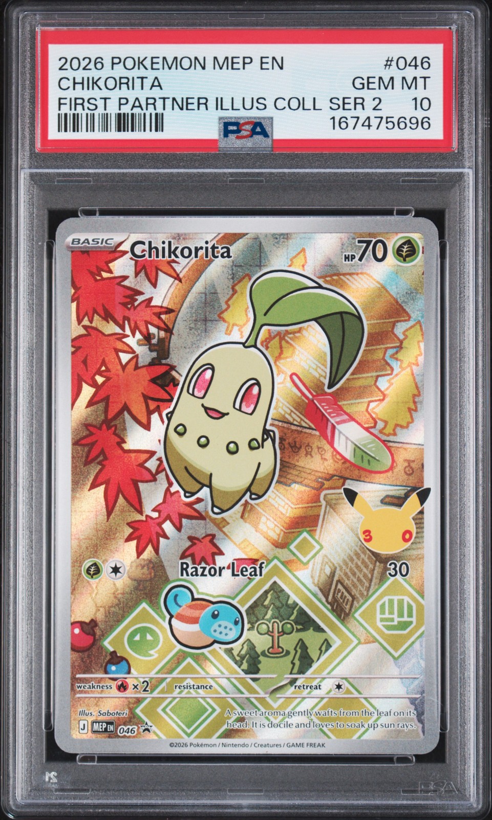 2026 POKEMON MEP FIRST PARTNER ILLUSTRATION COLLECTION #046 CHIKORITA PSA 10