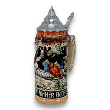 DBGM Germany Tavern Scene Relief Beer Stein Pewter Lid Vintage c1960