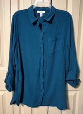 Nine West Jeans Long Sleeve Roll Tab Gauze Button Up Women’s Size Medium Teal