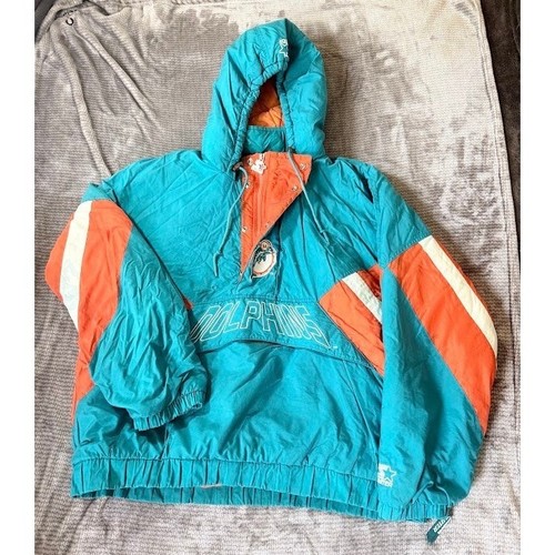 Vintage Starter Miami Dolphins NFL Pro Line Puffer Jacket Half Zip XL Aqua 90s
