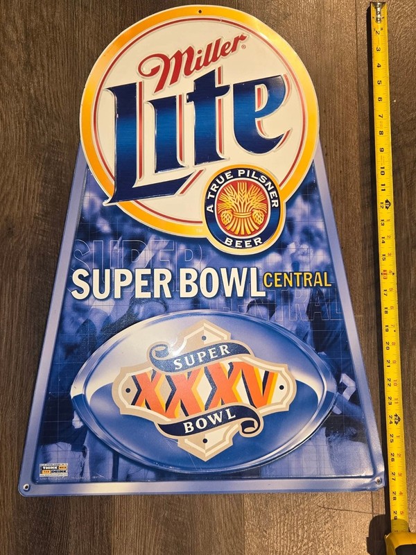 Miller Lite Super Bowl XXXV 2001 Tacker Tin Beer Sign Giants Ravens