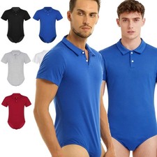 Mens Short Sleeve T Shirt Romper Press Button Crotch Leotard Bodysuit Underwear