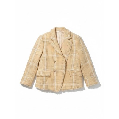 LoveShackFancy Denison Tweed Blazer Gold Plaid Fringe Jacket Size 12