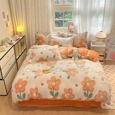 Orange Floral Duvet Cover Set Queen Fluffy Bedding Set Kawaii Cartoon Comfort...