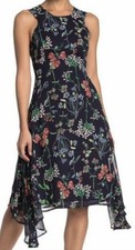 Tommy Hilfiger Women’s Navy Floral Chiffon Sleeveless Zip Trapeze Dress 6