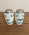 Vintage Hazel Atlas White Green Stripe Milk Glass Barrel Salt & Pepper Shakers