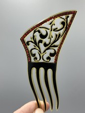 Antique ART DECO Red Rhinestone HAIRCOMB Black Celluloid Ornament