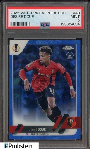2022-23 Topps Chrome Sapphire UCC Soccer #48 Desire Doue RC Rookie PSA 9