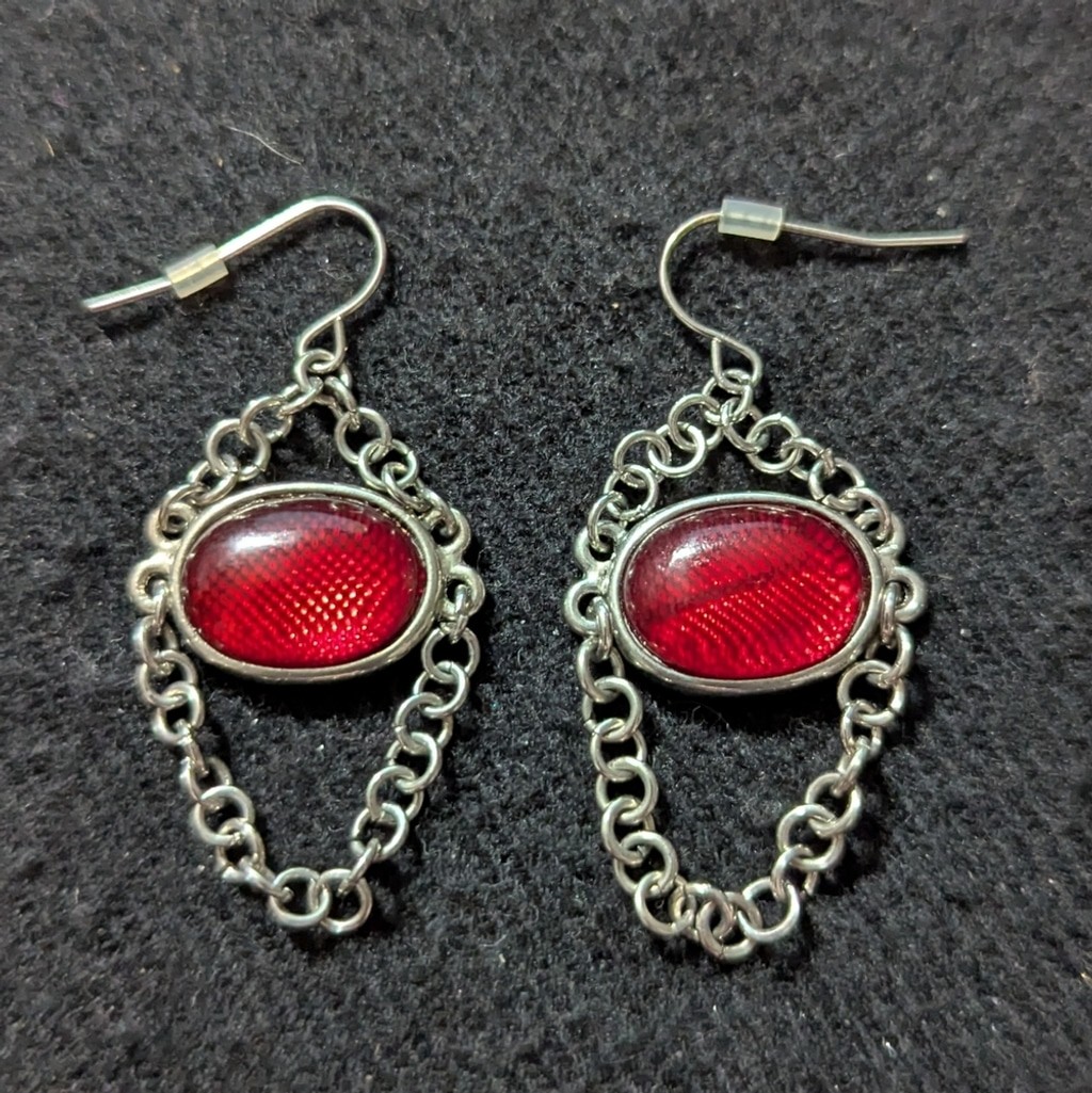 Silver Tone Red Oval Chain Dangle Statement Earri… - image 1