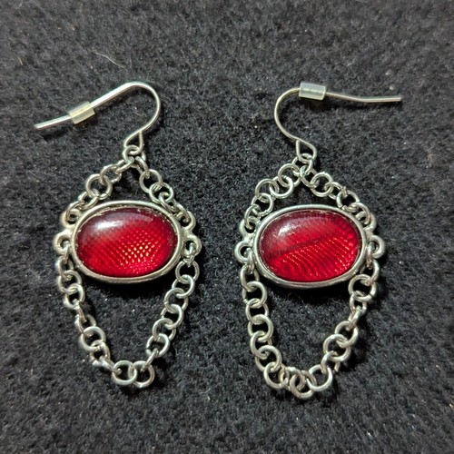 Silver Tone Red Oval Chain Dangle Statement Earrings