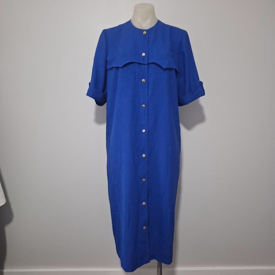 Vintage Evelyn-Eve Button Up Midi Dress Blue Button Up Midi Shift Dress Size 14
