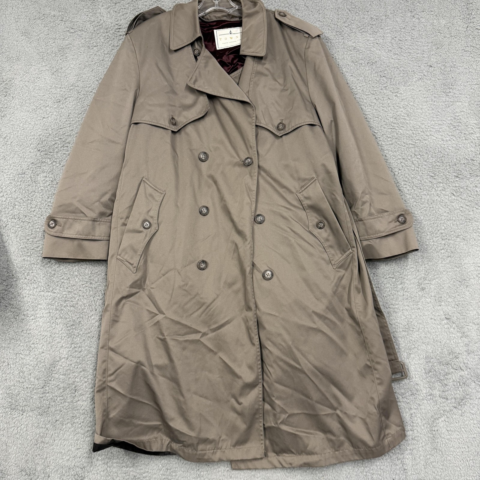 Vintage Towne London Fog Coat Mens 42 Short Tan Rain Trench Belted Lined 80s