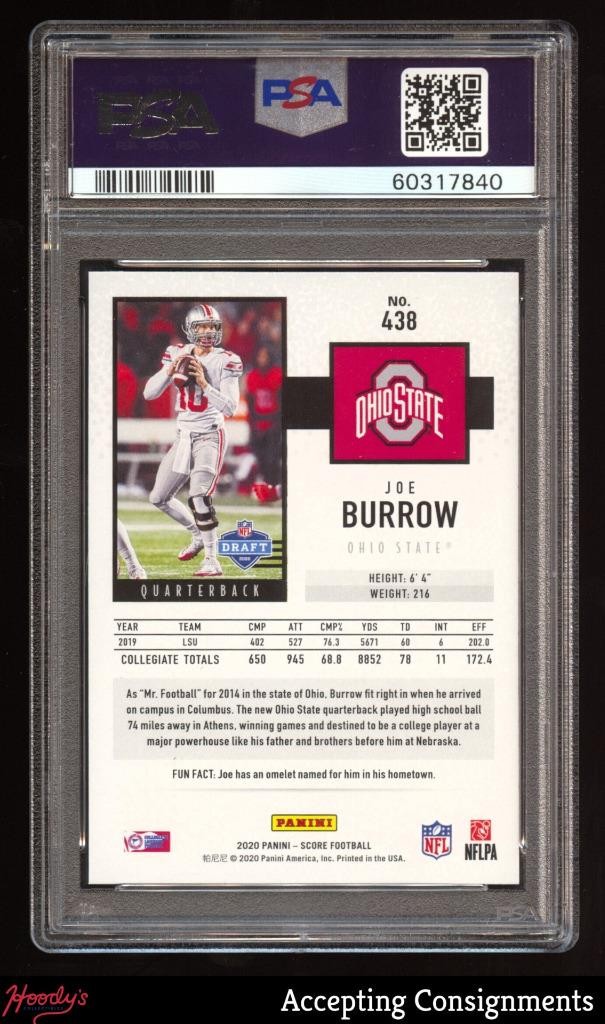 2020 Score #438 Joe Burrow Rookie RC PSA 10 GEM MINT view 2
