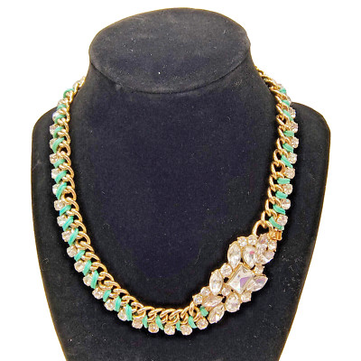 Anne Klein Rhinestone Collar Necklace Gold Tone Chain Sea Foam Green Cord Rare