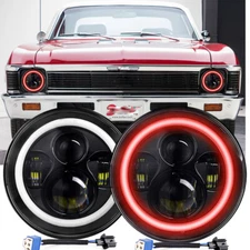 7" inch Round Led Headlight High-Low Red Halo Beam fit Chevy II/Nova 1969-1979