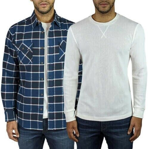 Jachs New York Mens 2 Pack Thermal - Brawny Flannel Shirt Plaid Blue, Sz L
