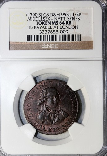 1790's Great Britain Middlesex Halfpenny Conder Token D&H-953a NGC MS-64 RB