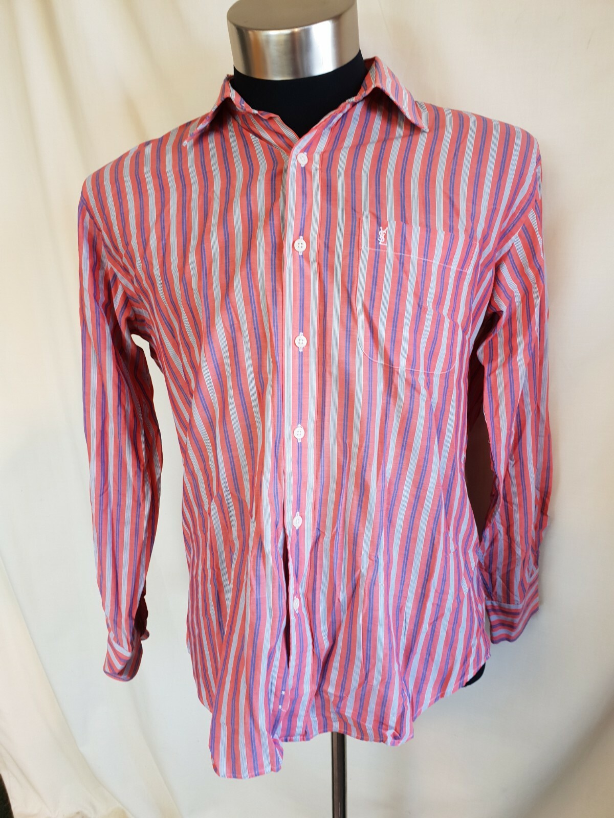 Camicia uomo rosa a righe manica lunga Yves Saint Laurent colletto UK M 8326