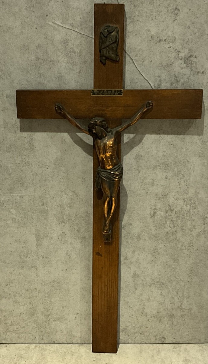 Vintage 1920s Copper Tone Metal Jesus on Cross Church Crucifix Oak