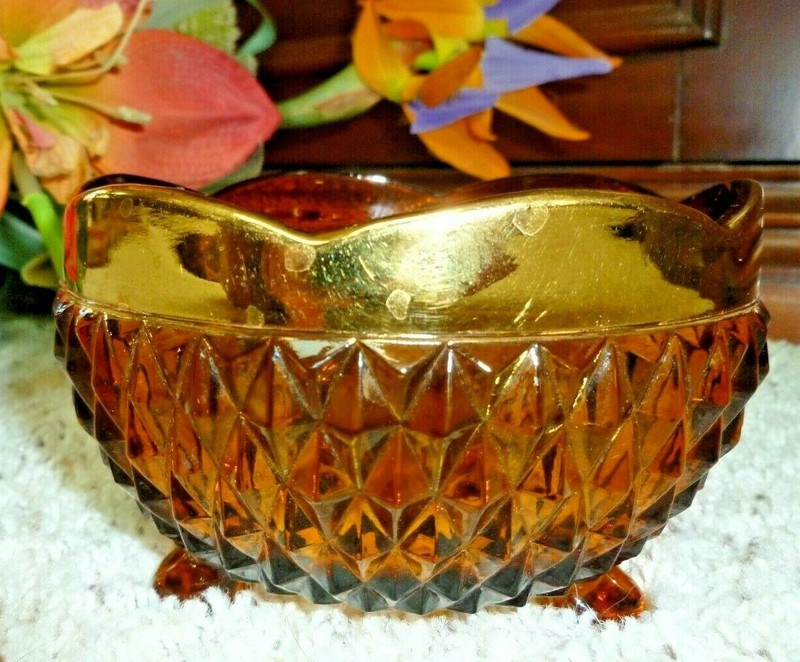 VTG Glass Candy Dish Bowl Amber w Gold Diamond Point Footed Compote by Tiara 5"