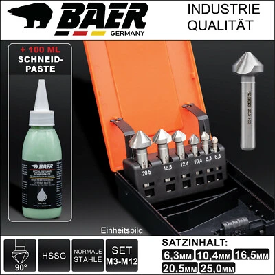 BAER GERMANY Kegelsenker BAER HSSG 90° Bit Satz 6,3-25mm Satz + Paste Schneidpaste Senkbohrer