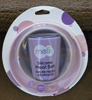 NEW Melii 3 PC girl silicone meal set plate bowl cup 6months +