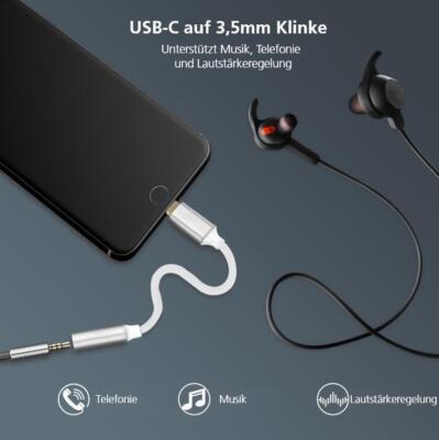 Helos USB 3.1 Typ-C Stecker Adapterkabel / 35mm Klinkenbuchse PREMIUM silber
