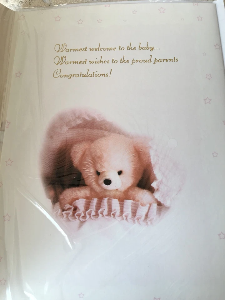 Tarjeta de felicitación musical Baby Shower llegada de recién nacido oso de peluche corazones padres Foto 2 de 3
