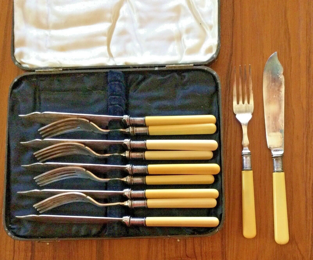 ART DECO English EPNS Silver Plate Fish Knife Fork Set Yellow Bakelite  Handle