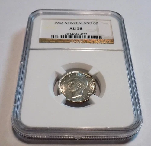 NEW ZEALAND 1942 6P SIX PENCE NGC AU58 AU 58 Key Date WWII Era Certified Coin 