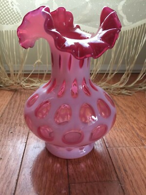 Fenton Coin Dot Cranberry Pink Cased Glass Double Ruffled Vase 7