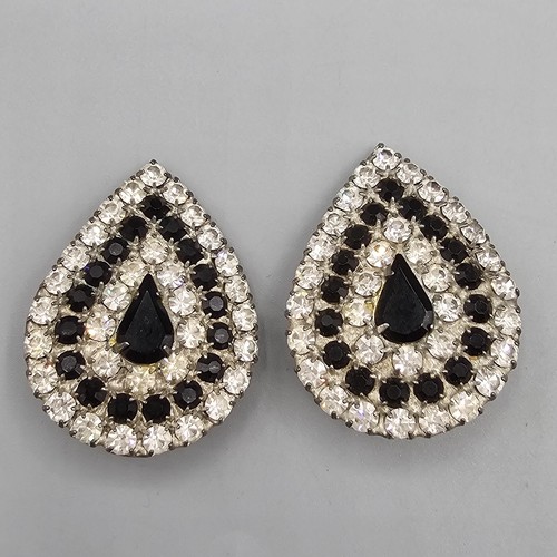 Vintage Strass Träne Tropfen Ohrringe schwarz weiß Zinken Set Clip On Statement