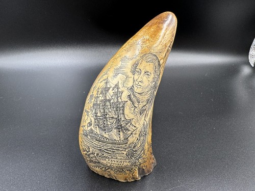 Vintage Scrimshaw Sperm Whale tooth RESIN REPRO "ADVENTURE CAPTURES QUEDAGH"