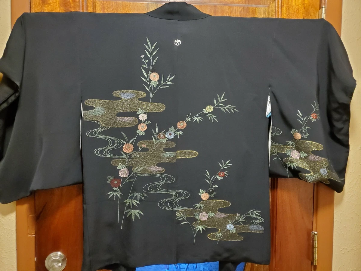 Japanese Cream Floral Black Men's Haori Yukata Kimono Jacket