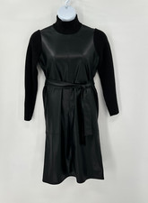 Ann Taylor Petite Faux Leather Knit Dress Medium Mob Wife Turtleneck Belt New